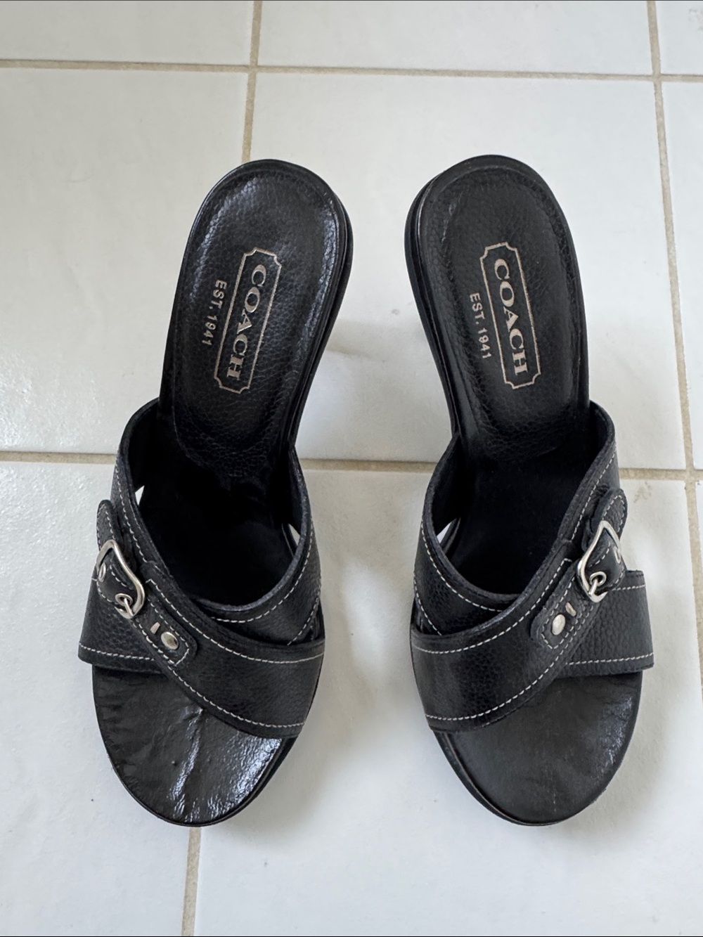 Coach Black Leather Buckle Crossover Mules